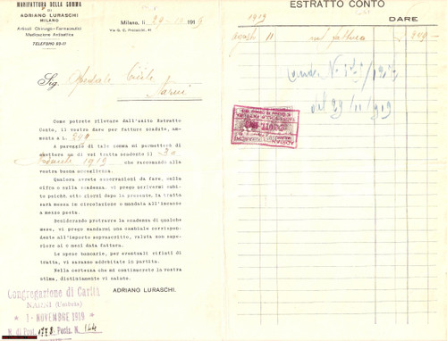 Manoscritto, lettera originale 1919 NARNI TR Forniture mediche CONGREGAZIONE CARITA 1