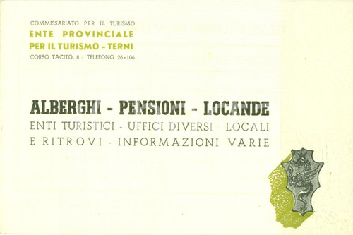 Materiale pubblicitario d’epoca 1951 TERNI Turismo Albergi pensioni locande ILLUSTRATO 1