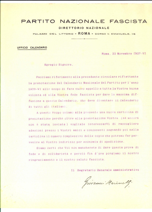 Documento originale, autentico 1927 ROMA PNF Vendita del calendario del Partito *Documento PROPAGANDA 1