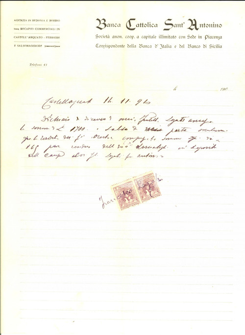 Documento originale, autentico 1910 CASTELL'ARQUATO (PC) Banca Cattolica SANT'ANTONINO *Ricevuta 1