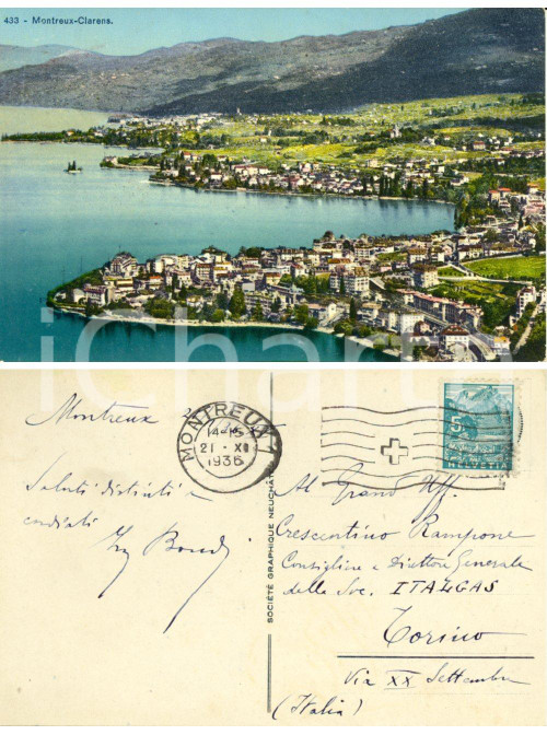 Autografo originale 1936 MONTREUX  (CH) Panorama *Cartolina ing. Giuseppe BONDI ITALGAS FP VG 1