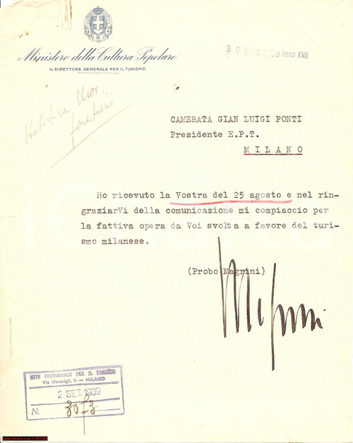 Manoscritto, lettera originale 1939 MILANO Probo MAGRINI ringrazia Gian Luigi PONTI 1