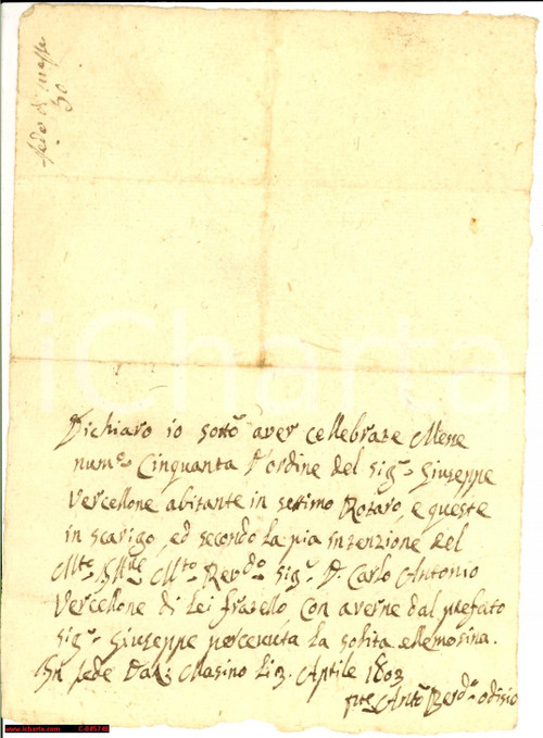 Documento originale, autentico 1803 SETTIMO ROTTARO (TO) Messe celebrate don ODISIO 1