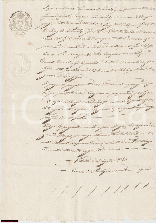 Documento originale, autentico 1860 VILLETTA BARREA Vitalizio a vedova Emilia GRAZIANI 1