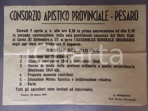 Documento originale, autentico 1949 PESARO CONSORZIO APISTICO Convocazione Assemblea Generale Manifestino 1
