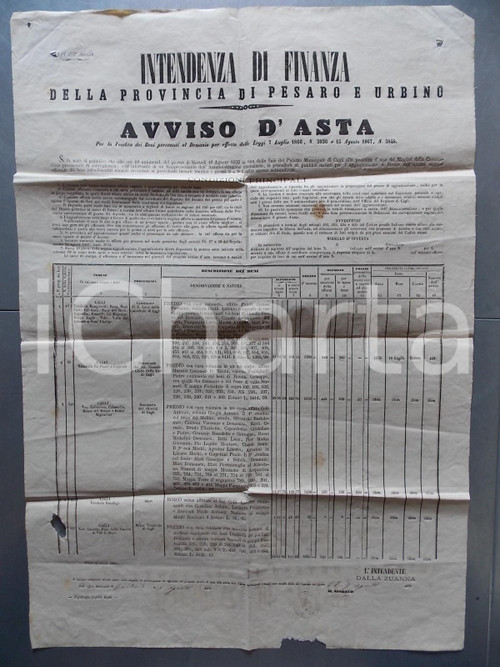 Documento originale, autentico 1870 CAGLI PU Asta predio con casa e fornace Canonicato SAN LUCA MANIFESTO 1