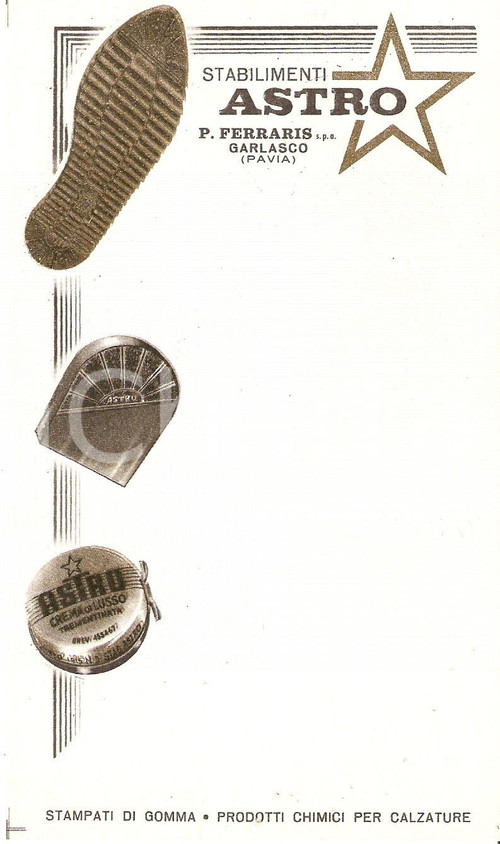 1969 GARLASCO (PV) Lucido da scarpe ASTRO Stampati di gomma *Ricevuta 10x17