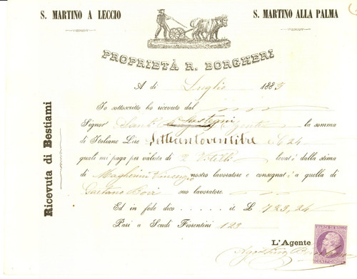 Documento originale, autentico 1883 SAN MARTINO ALLA PALMA (FI) Ricevuta casa BORGHESE 1
