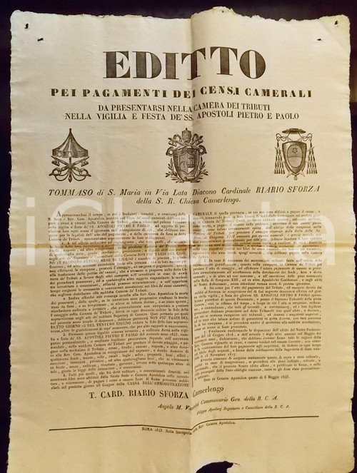 Documento originale, autentico 1843 STATO PONTIFICIO Editto per il pagamento dei censi camerali Manifesto 1