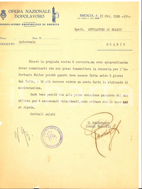 1928 OND Provinciale BRESCIA Lettera per denuncia di un infortunio