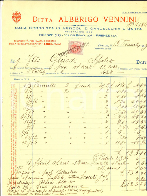 Documento originale, autentico 1929 FIRENZE Ditta Alberigo VENNINI Articoli di cancelleria Fattura intestata 1