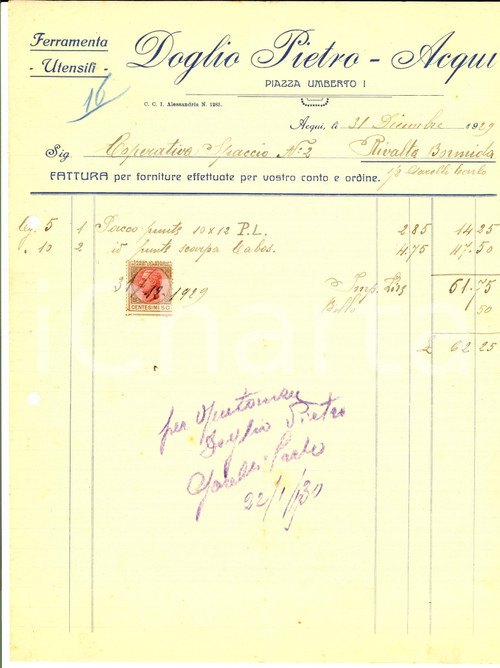 Documento originale, autentico 1929 ACQUI TERME Pietro DOGLIO Ferramenta e utensili Fattura intestata 1