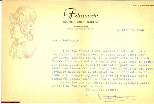 Manoscritto, lettera originale 1950 FIRENZE Parrucca FILISTRUCCHI per Gianni SANTUCCIO 1