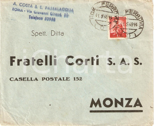 Materiale pubblicitario d’epoca 1948 MONZA Ditta Fratelli CORTI busta intestata timbro E. PASSALACQUA 1