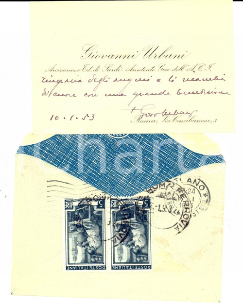 Autografo originale 1953 ROMA Biglietto da visita mons. Giovanni URBANI Autografo 1