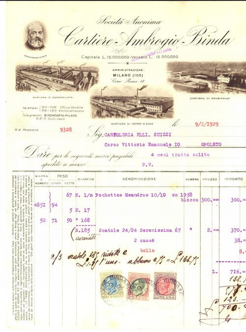 Documento originale, autentico 1929 MILANO SocietÃ  Anonima Cartiere Ambrogio BINDA Fattura per pochette 1