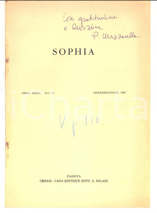 1965 Pasquale MAZZARELLA Filosofia secondo Marino Gentile *Invio AUTOGRAFO Pubblicazione d'epoca, con invio autografo.Estratto da "Sophia", anno XXXIII n&deg; 1-2.CONDIZIONI: FAIRPAGINE: 10    originale e autentica 1