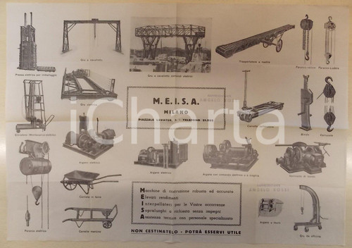 Materiale pubblicitario d’epoca 1950 ca MILANO Ditta M.E.I.S.A. Locandina pubblicitaria ILLUSTRATA su velina 1