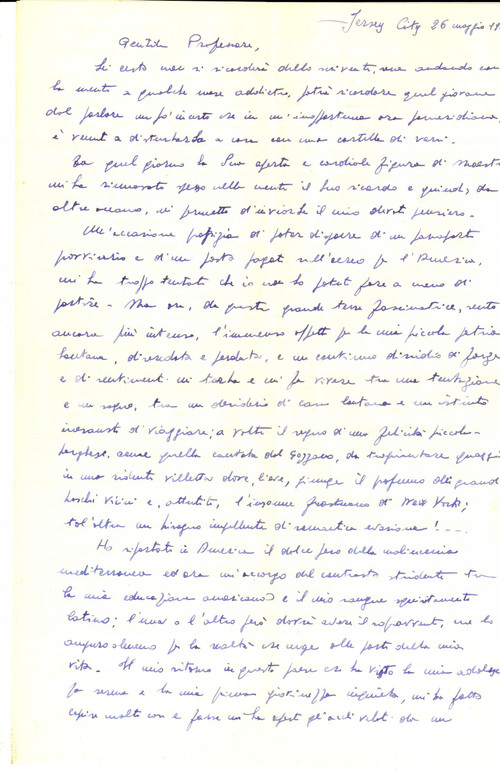1947 JERSEY CITY Sento l'affetto per la mia patria lontana *Autografo MARZIANO Lettera del ricercatore Marziano, sulla possibilit&agrave; di un ritorno in Italia, dopo un lungo trasferimento negli Stati Uniti.CONDIZIONI: GPAGINE: 2     originale e autentica 1