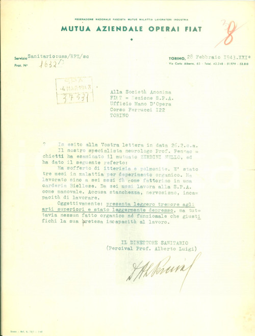 1943 TORINO Mutua Operai FIAT Nello ZERBINI è depresso ma può lavorare Documento
