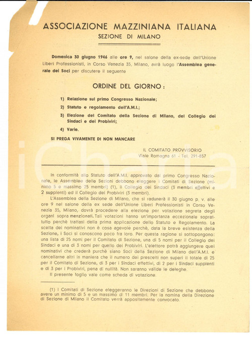 Materiale pubblicitario d’epoca 1946 ASSOCIAZIONE MAZZINIANA MILANO Assemblea generale dei soci 1
