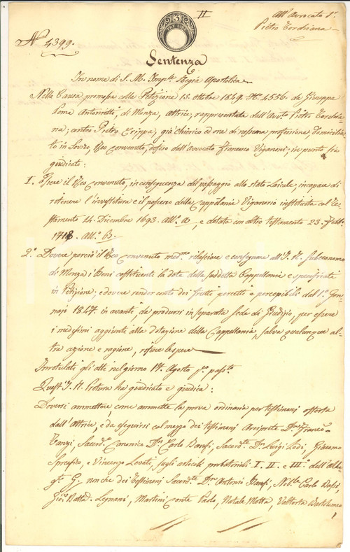 Documento originale, autentico 1853 DESIO Pietro CRIPPA passa allo stato laicale e perde Cappellania VIGANORIO 1