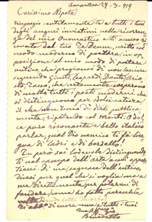 1919 AMANTEA Benedetto SAGGIO e il "poetare antico" Cartolina AUTOGRAFA a Carlo
