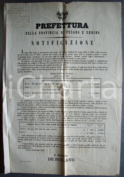 Documento originale, autentico 1864 PESARO Sulla proprietÃ  rustica e urbana Manifesto 1