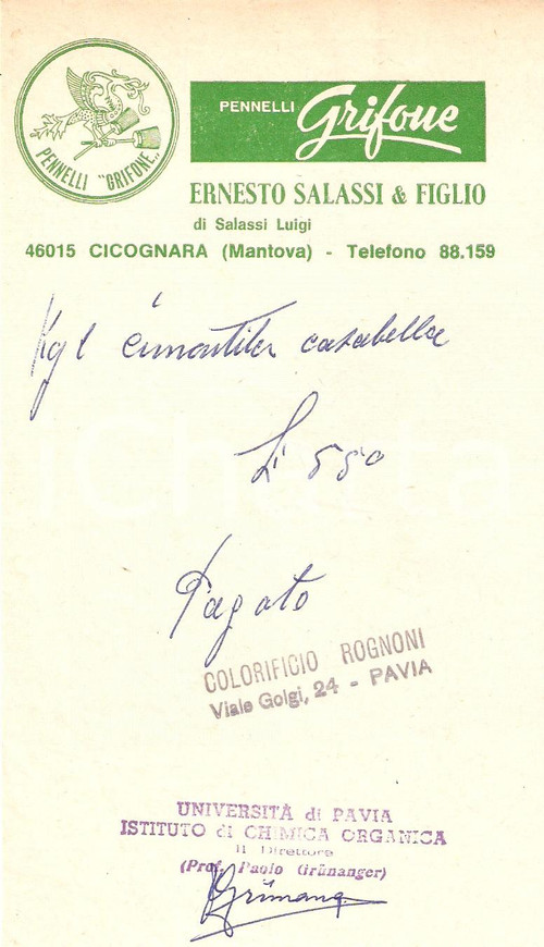 Materiale pubblicitario d’epoca 1965 ca CICOGNARA (MN) Pennelli GRIFONE di Ernesto SALASSI *Ricevuta 10x17 (3) 1