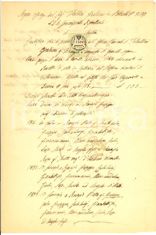 Documento originale, autentico 1855 VILLANUOVA SUL CLISI BS Storia podere TEBALDINI 1