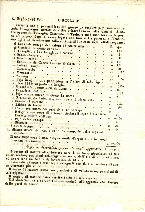 Documento originale, autentico 1830 TORREGLIA (PD) Santo CARPANESE legato e derubato da 4 malfattori 1