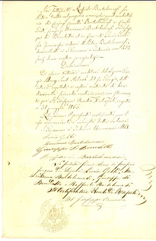 Documento originale, autentico 1868 NAPOLI Raffaele BARTOLOMASI creditore di Giorgio Sidney SMITH CLARK 1