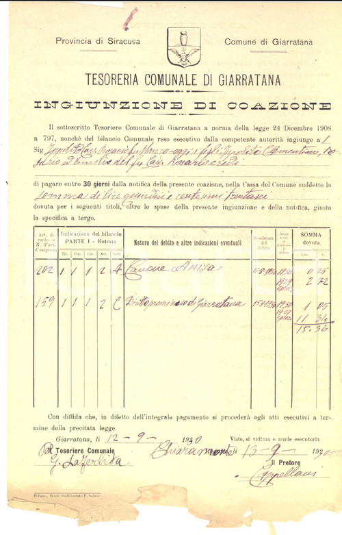 Documento originale, autentico 1908 GIARRATANA Ingiunzione di coazione al cav. Rosario IPPOLITO per canoni 1