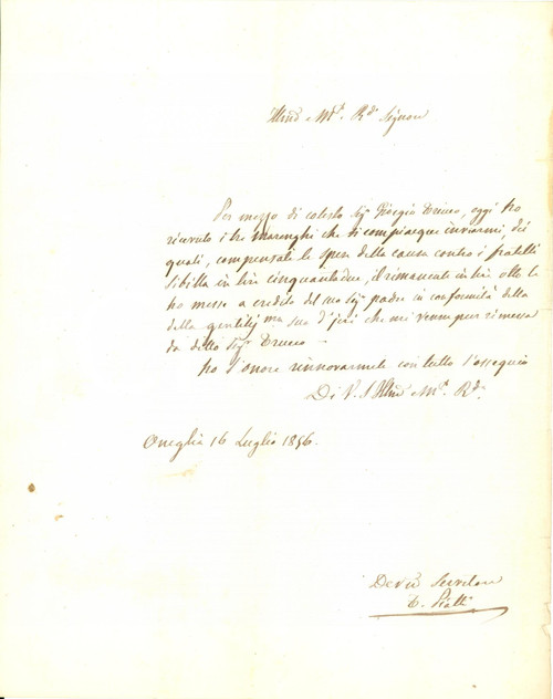 Documento originale, autentico 1856 ONEGLIA IM Tre marenghi per avvocato Tommaso PIATTI Lettera 1