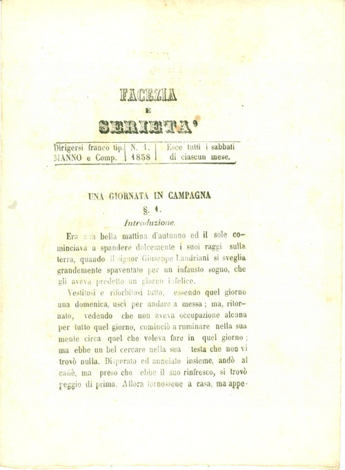 Giornale, rivista storica 1858 FACEZIA E SERIETA  Giornale N. 1 Giornata in campagna Giuseppe LANDRIANI 1