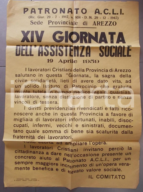 Documento originale, autentico 1959 ACLI AREZZO XIV Giornata dell Assistenza Sociale Manifesto 50x70 cm 1