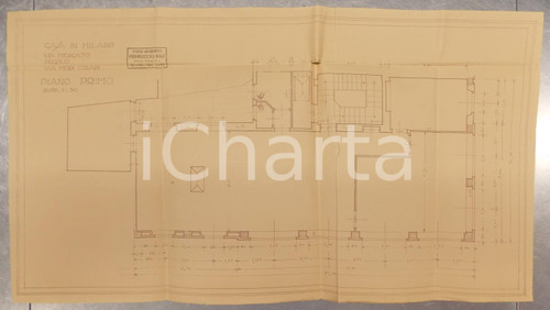 Mappa, planimetria storica 1940 MILANO Architetto BIGI Planimetria piano primo casa civile Via FIORI CHIARI 1