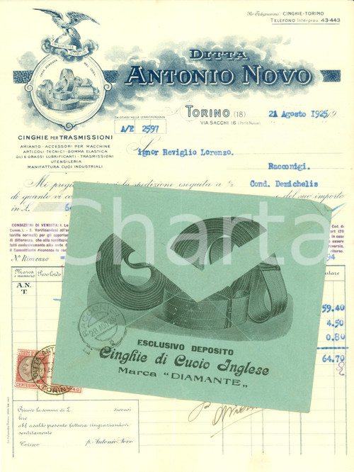 Documento originale, autentico 1925 TORINO Ditta Antonio NOVO cinghie per trasmissioni Fattura commerciale 1