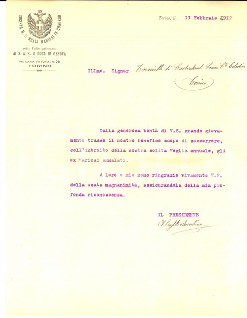 Manoscritto, lettera originale 1912 TORINO Società  Mutuo Soccorso REALI MARINAI in congedo *Lettera 1