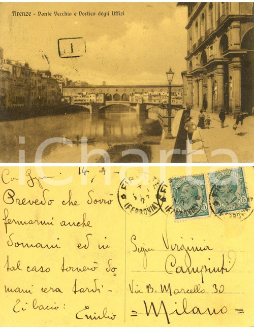 Cartolina originale da collezione 1927 FIRENZE Ponte Vecchio e portico degli Uffizi *Cartolina Emilio CAMPIUTI FP 1