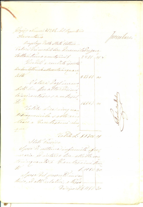 Documento originale, autentico 1876 NAPOLI Stato attivo e passivo beni della defunta Giuseppina PAOLOTTI 1