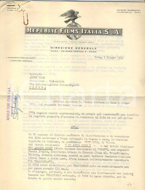 Manoscritto, lettera originale 1954 REPUBLIC FILM cede diritti su '1° Aprile 2000' Autografo Henry LOMBROSO 1