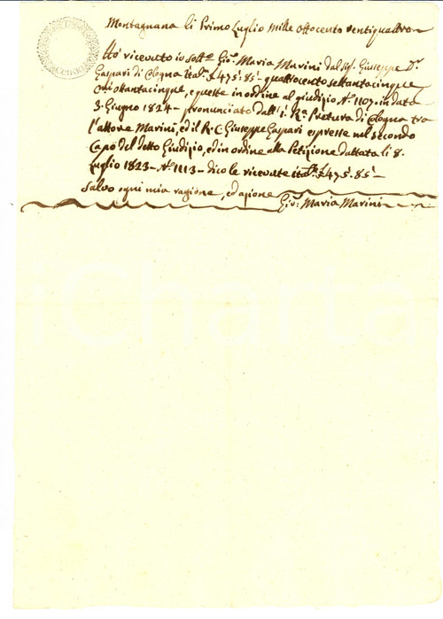 Documento originale, autentico 1824 MONTAGNANA PD Giovanni Maria MARINI riceve denaro da Giuseppe GASPARI 1