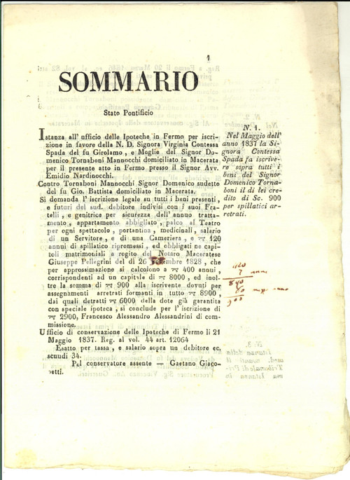 Documento originale, autentico 1847 MACERATA Contessa Virginia SPADA contro il marito per mancato spillatico 1