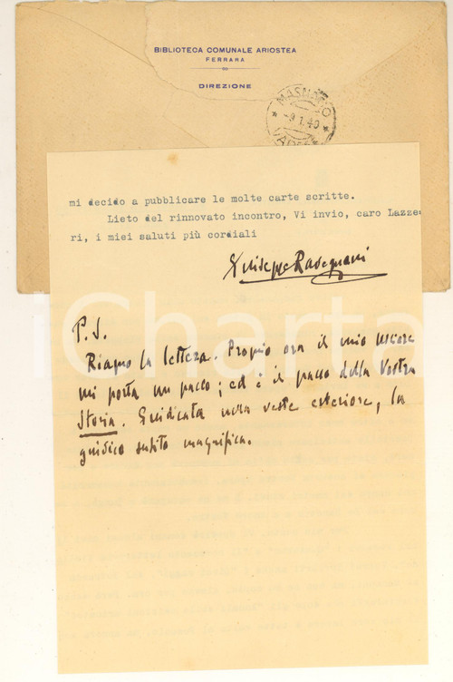 Autografo originale 1940 FERRARA Giuseppe RAVEGNANI Inediti sul Foscolo - Autografo 1