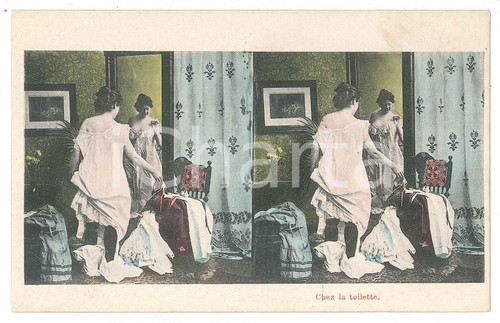 1900 ca BELGIQUE Chez la toilette - Woman undressing - Stereo Postcard RARE  Cartolina postale d'epoca, illustrata, non viaggiata.CONDIZIONI: GFORMATO: FP    originale e autentica 1