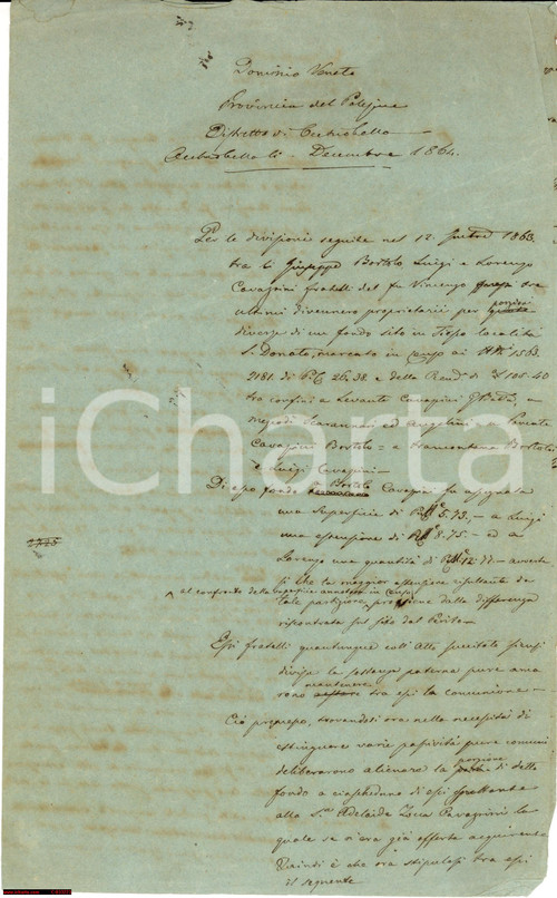 Documento originale, autentico 1864 FIESSO UMBERTIANO / OCCHIOBELLO vendita per debiti 1