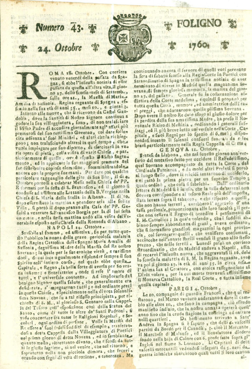 Giornale, rivista storica 1760 GIORNALE DI FOLIGNO n. 43 Morta Maria Amalia di SASSONIA regina di SPAGNA 1