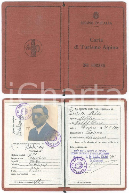 1934 TORINO Carta di Turismo Alpino - Aldo LURIA *Con vera foto