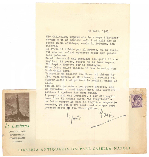 1961 NAPOLI Lettera Gaspare CASELLA a un amico collezionista - Autografo